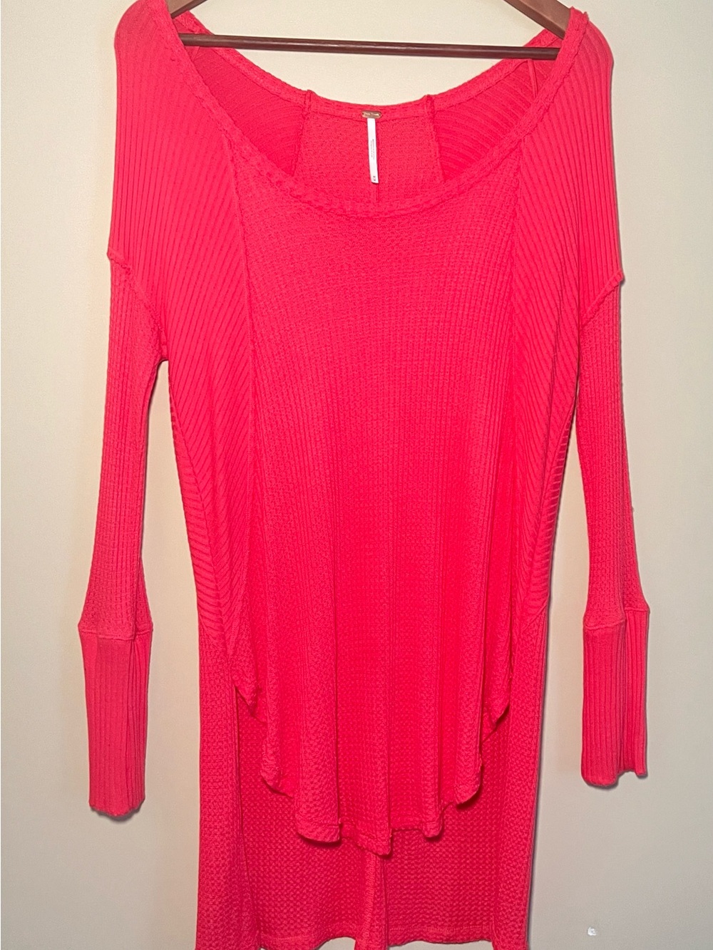 Free People Women’s Bright Coral Ribbed Long-Sleeve Top